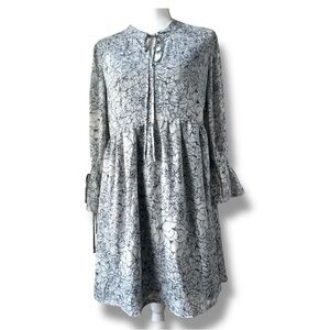 Molly‎ Bracken Navy, White Floral Print Ruffle Sleeve Dress Boho Cottagecore M